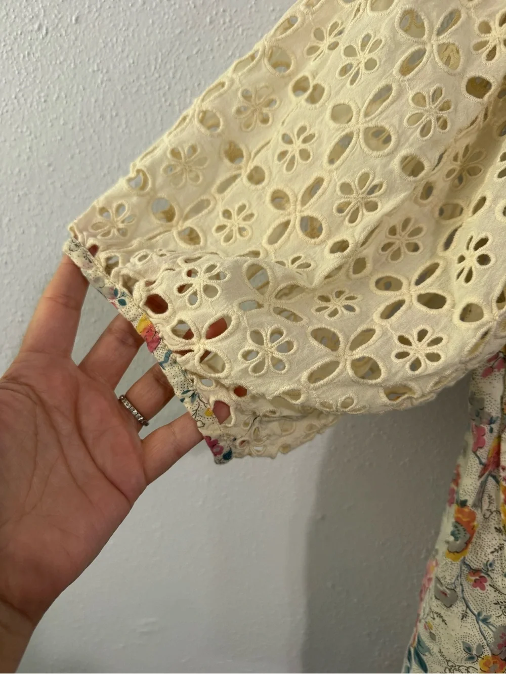 Anthropologie Cream Floral Eyelet Peasant Top small